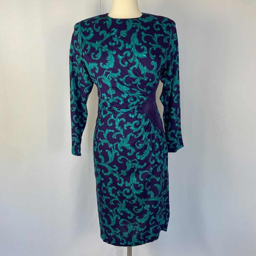 Vintage Dress Size 8 Purple Teal Brocade Pattern Long Sleeve Office Career 90s
